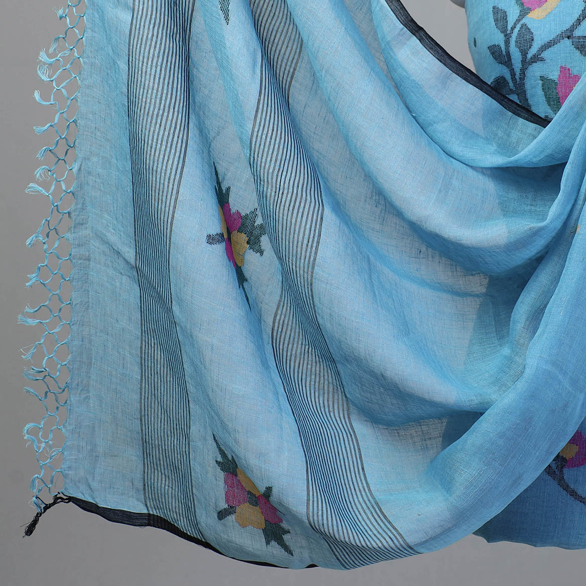 Blue - 2pc Phulia Jamdani Weave Handloom Linen Suit Material Set