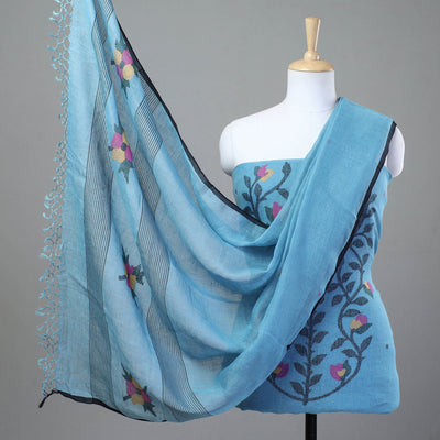 Blue - 2pc Phulia Jamdani Weave Handloom Linen Suit Material Set