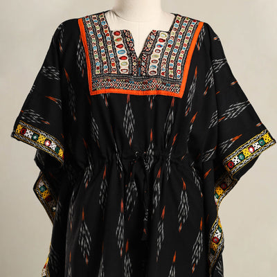 Black - Ikat Cotton Kaftan with Desert Thread Embroidery (Short) 56