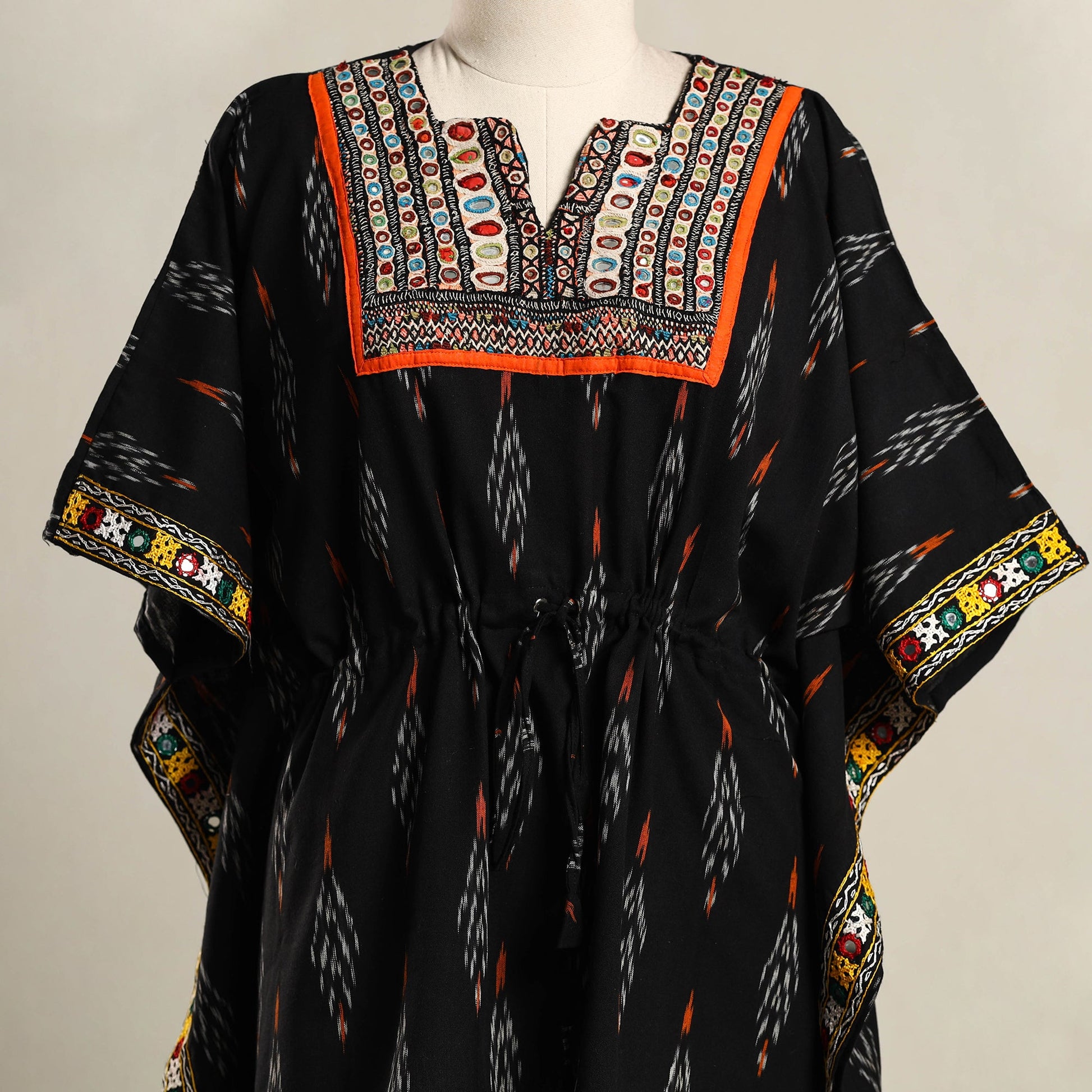 Black - Ikat Cotton Kaftan with Desert Thread Embroidery (Short) 56