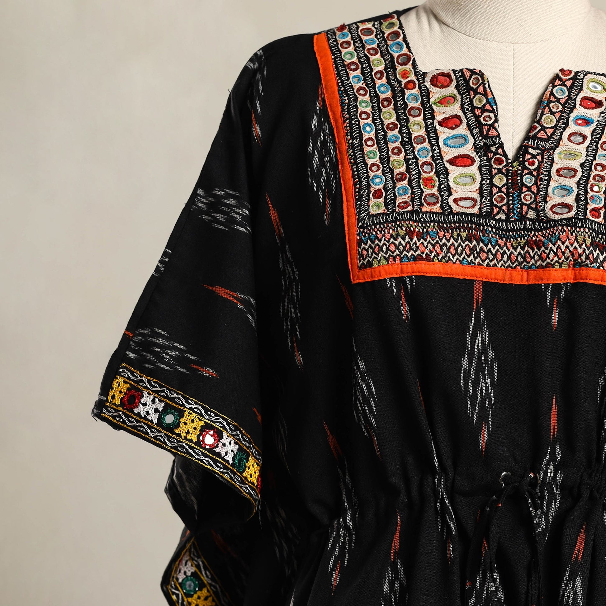 Black - Ikat Cotton Kaftan with Desert Thread Embroidery (Short) 56