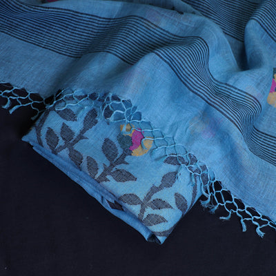 Blue - 2pc Phulia Jamdani Weave Handloom Linen Suit Material Set