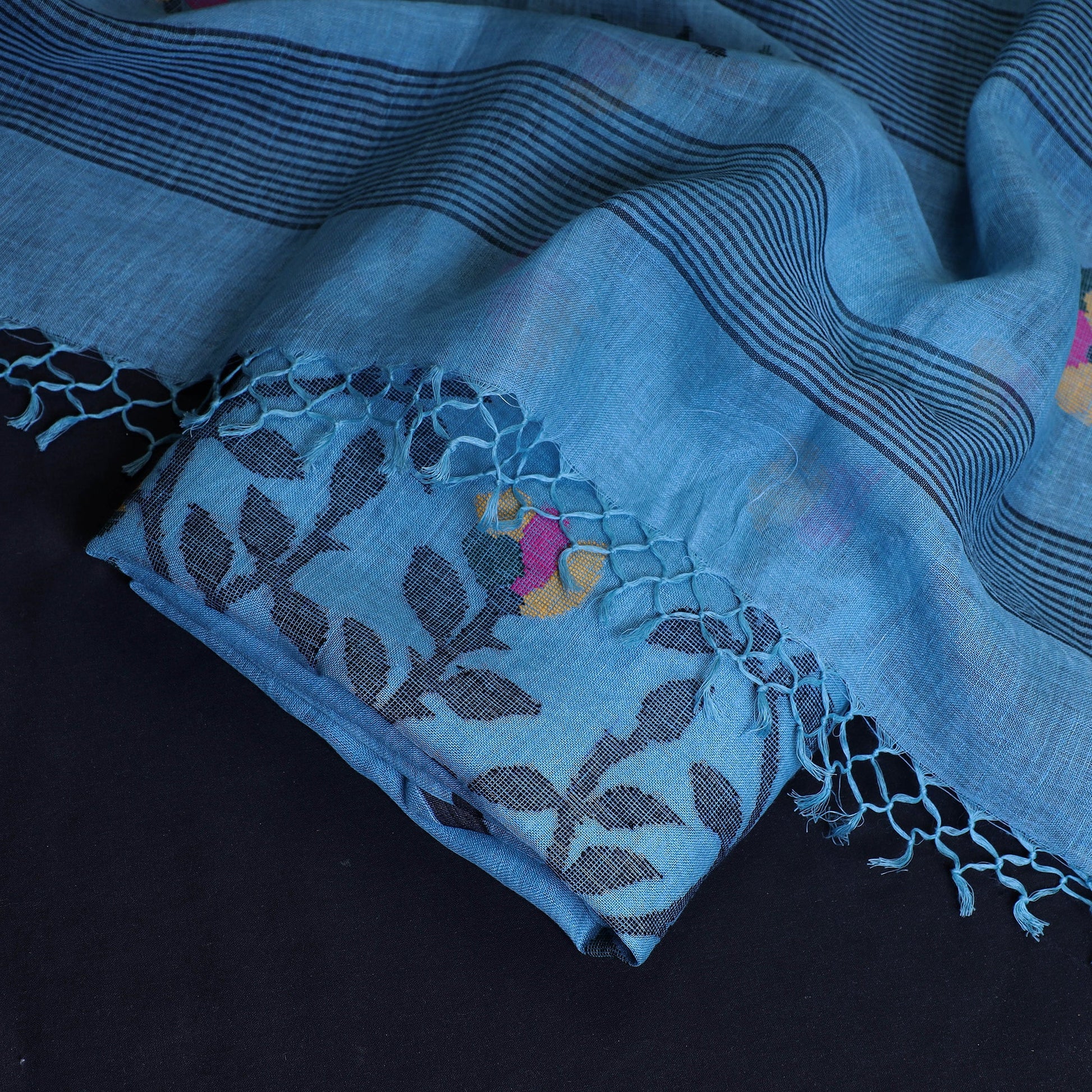 Blue - 2pc Phulia Jamdani Weave Handloom Linen Suit Material Set