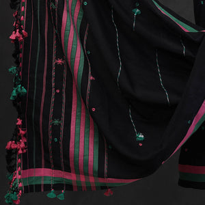 Black - 3pc Bhujodi Mirror Work Handloom Cotton Suit Material Set 12