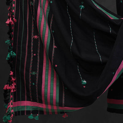 Black - 3pc Bhujodi Mirror Work Handloom Cotton Suit Material Set 12