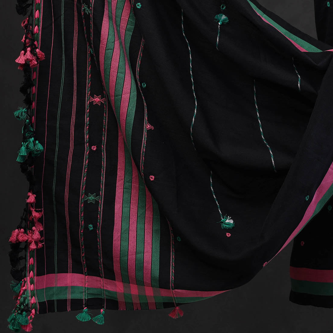 Black - 3pc Bhujodi Mirror Work Handloom Cotton Suit Material Set 12
