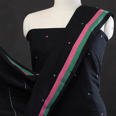 Black - 3pc Bhujodi Mirror Work Handloom Cotton Suit Material Set 12