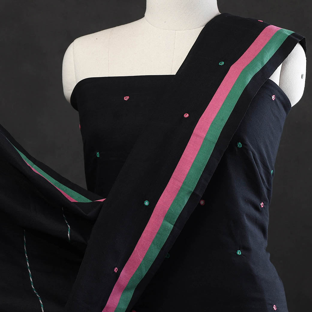 Black - 3pc Bhujodi Mirror Work Handloom Cotton Suit Material Set 12