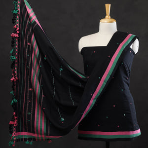 Black - 3pc Bhujodi Mirror Work Handloom Cotton Suit Material Set 12