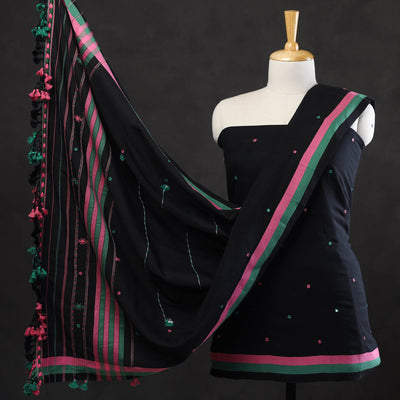 Black - 3pc Bhujodi Mirror Work Handloom Cotton Suit Material Set 12