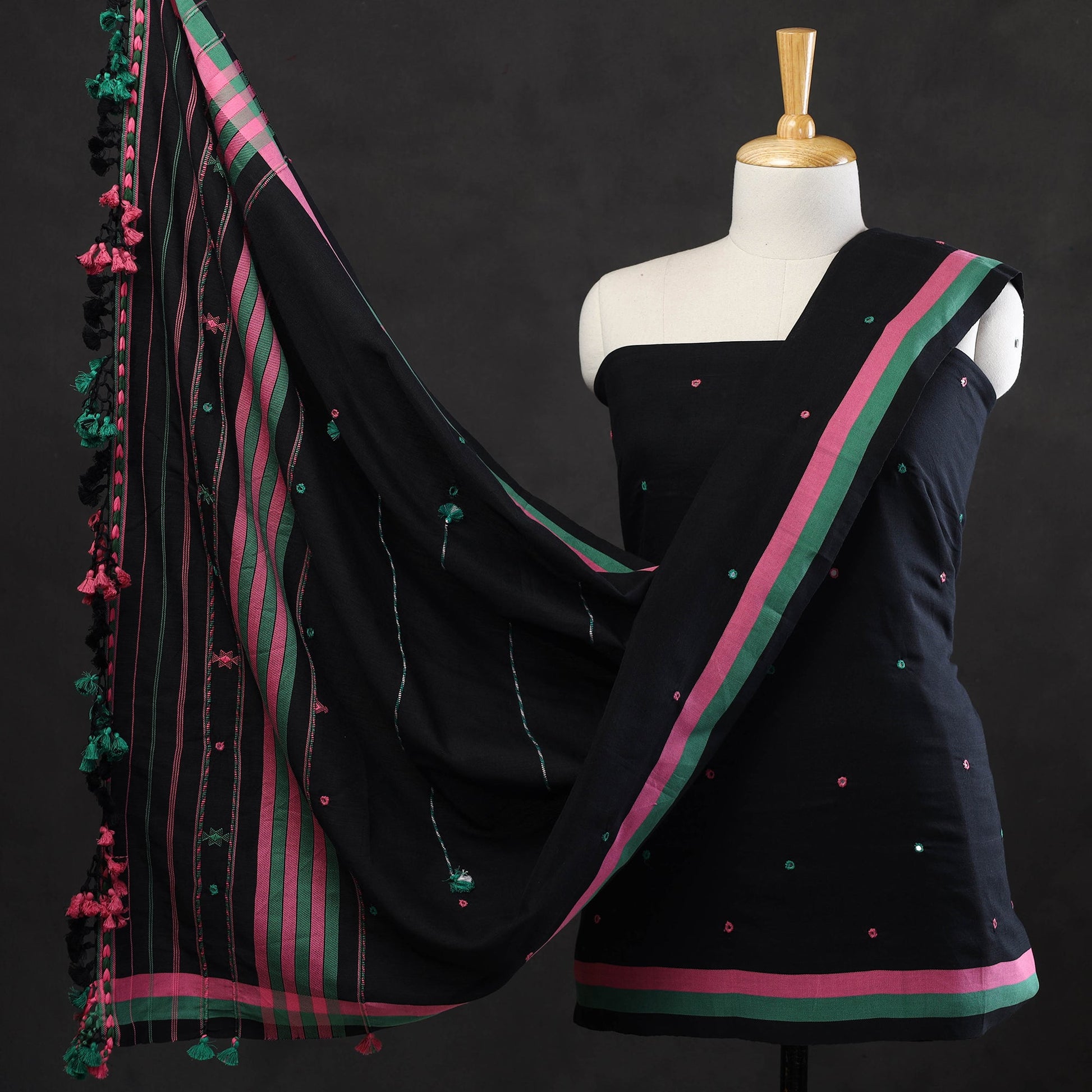 Black - 3pc Bhujodi Mirror Work Handloom Cotton Suit Material Set 12