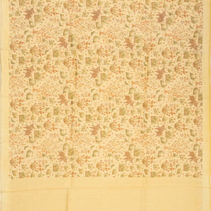 Light Yellow Handwoven Linen Saree Printed With Elephant Motifs