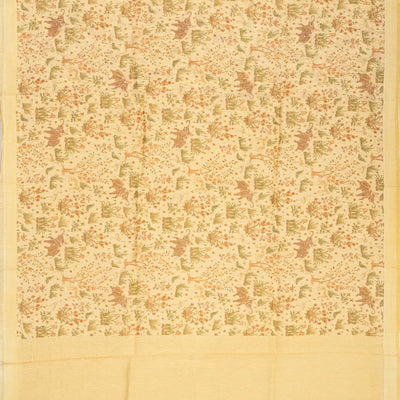 Light Yellow Handwoven Linen Saree Printed With Elephant Motifs