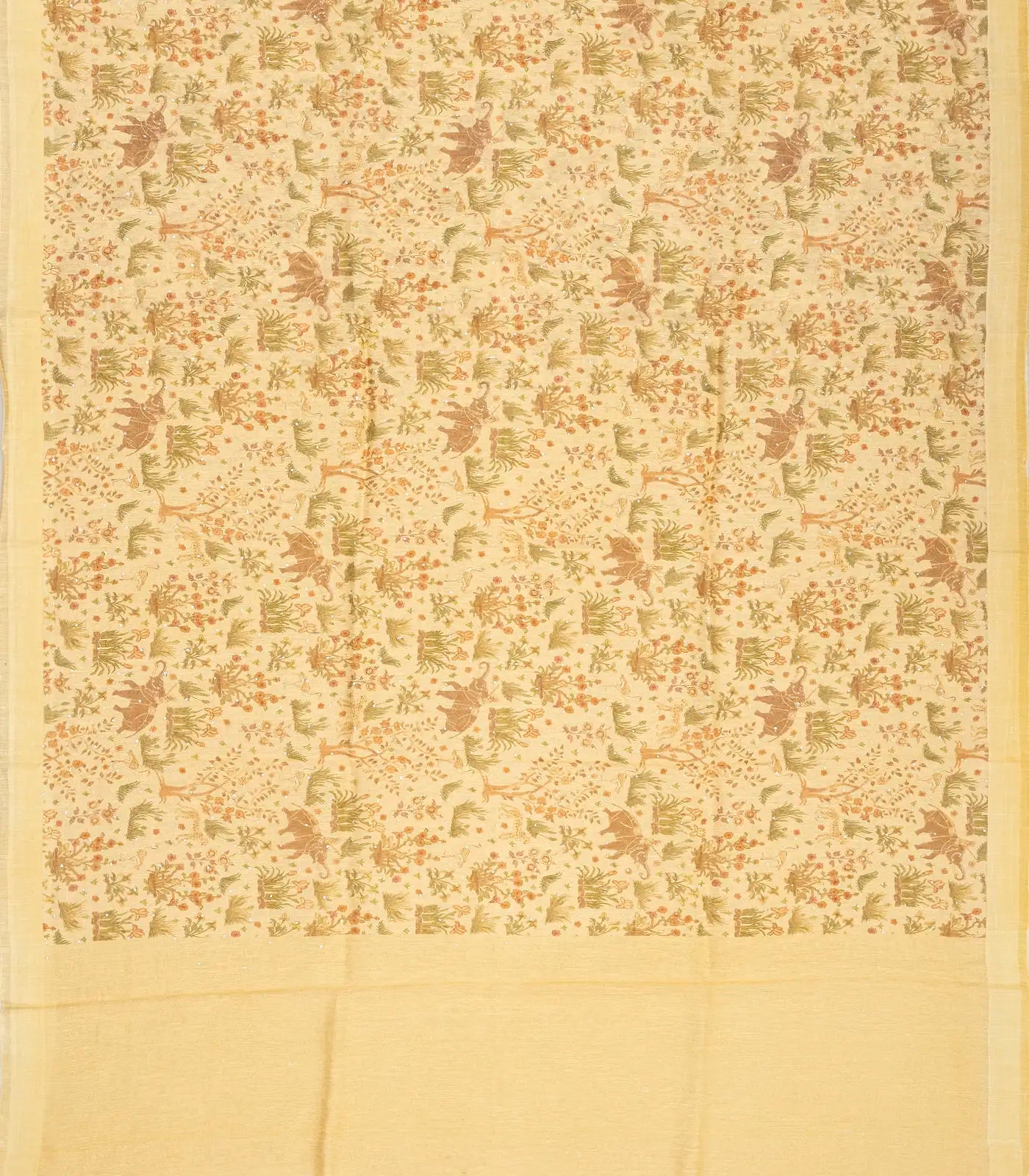 Light Yellow Handwoven Linen Saree Printed With Elephant Motifs