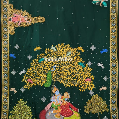 Bottle Green Radha Krishna Pattachitra Silk Saree