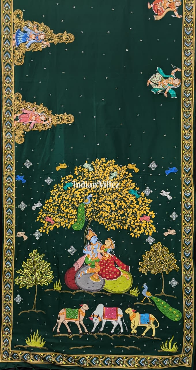 Bottle Green Radha Krishna Pattachitra Silk Saree