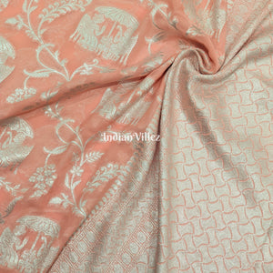 Peach Animal Motif Banarasi Khaddi Georgette Shikargah Saree