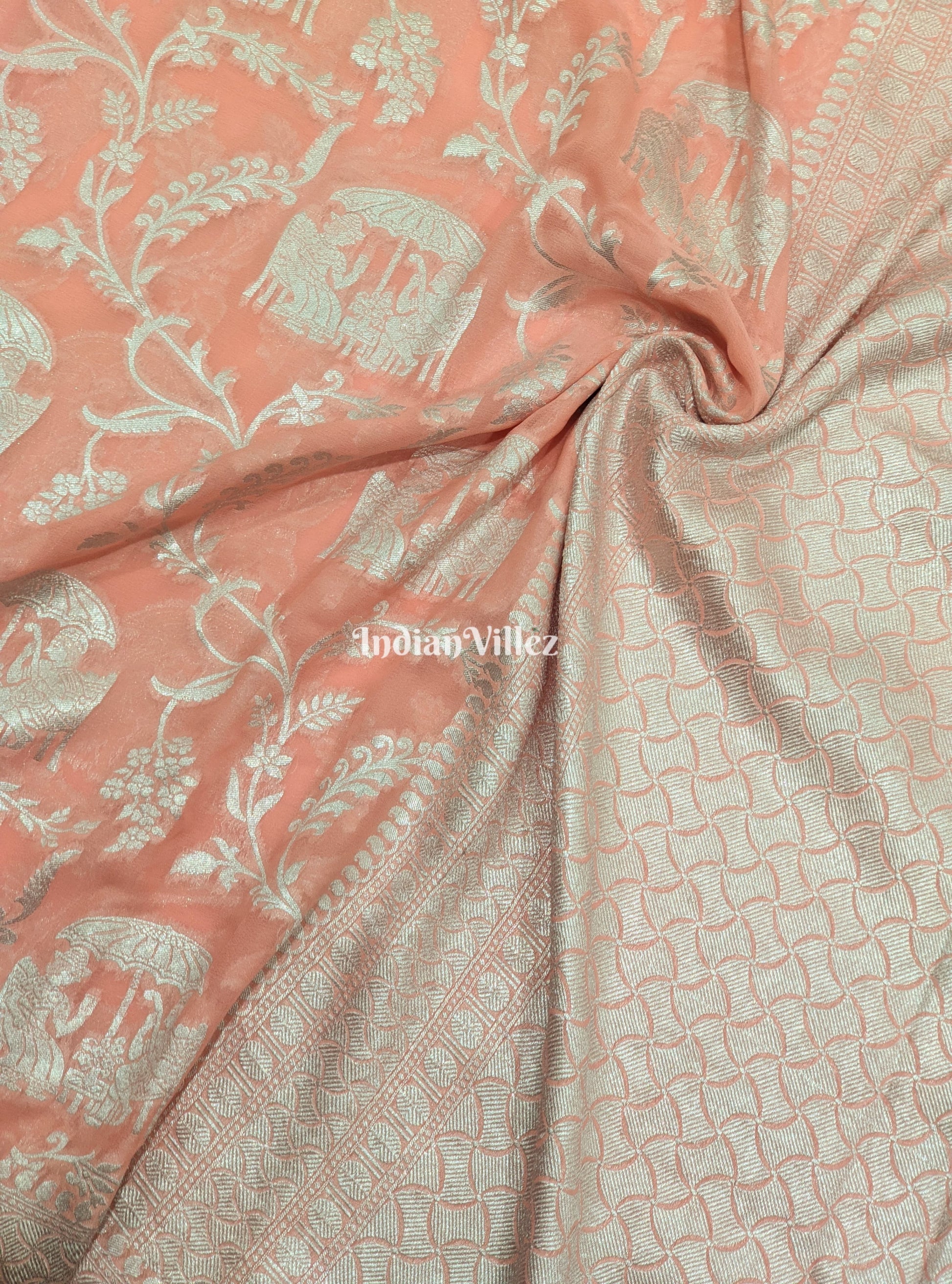 Peach Animal Motif Banarasi Khaddi Georgette Shikargah Saree
