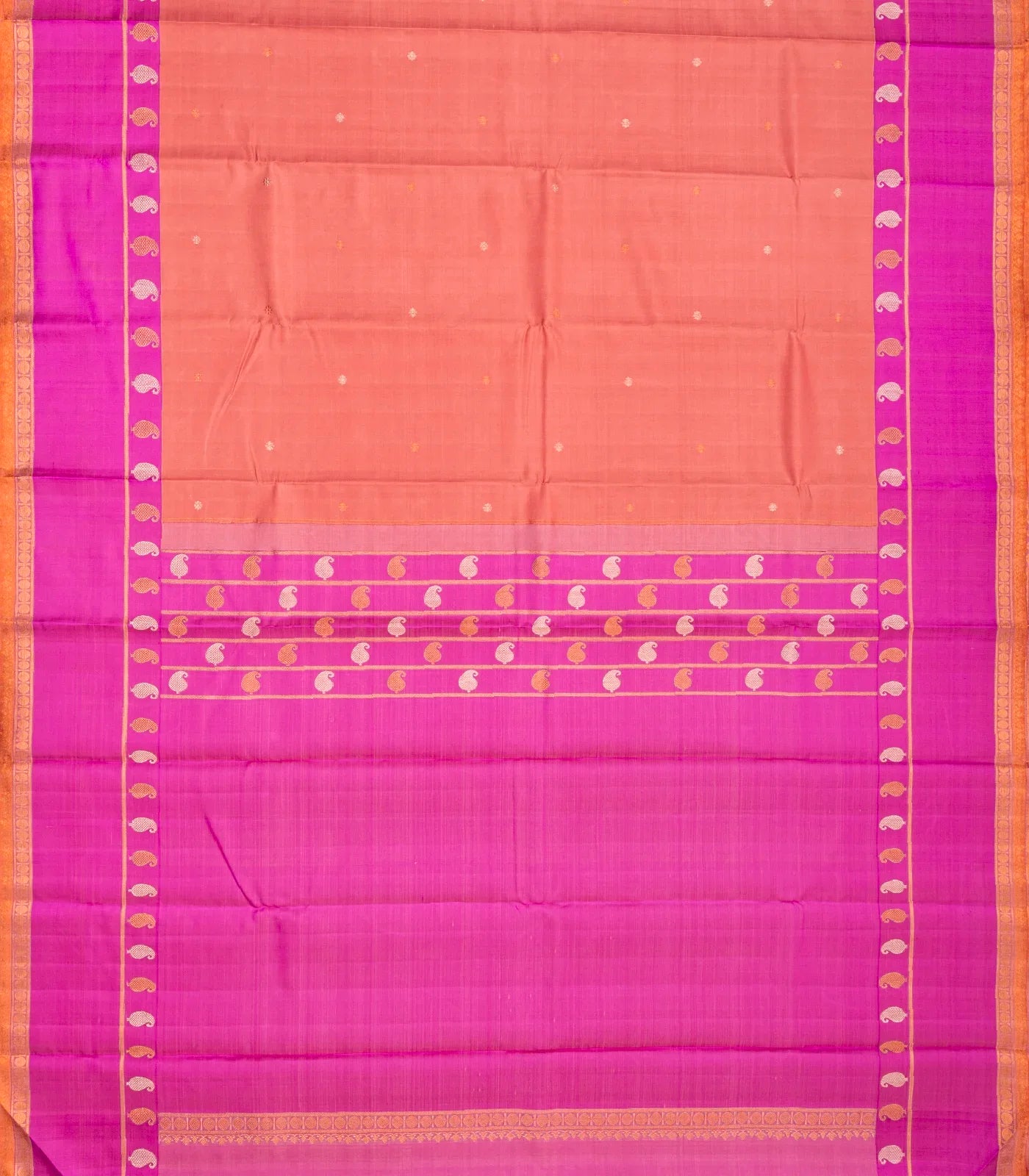 Peach Handloom Kanchipuram Korvai Silk Saree With Pink Border