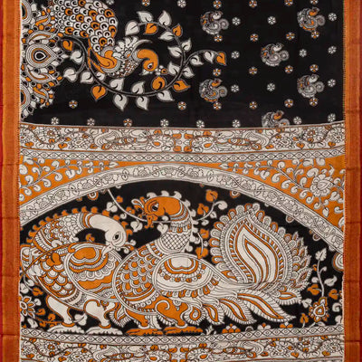 Black Woven Kalamkari Printed Cotton Saree With Peacock Motifs
