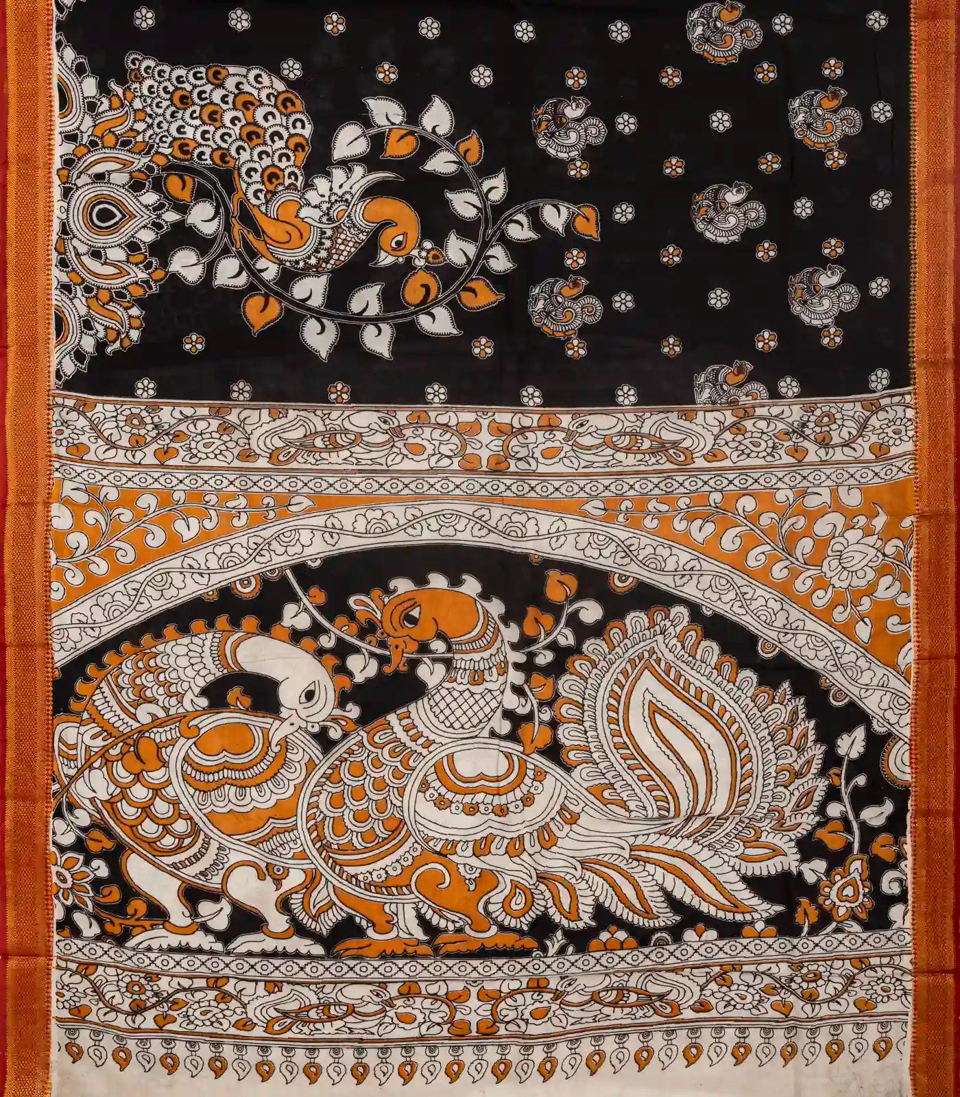 Black Woven Kalamkari Printed Cotton Saree With Peacock Motifs