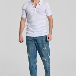 White Zipper Knitted Polo T-Shirt