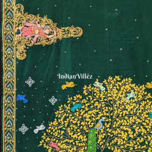 Bottle Green Radha Krishna Pattachitra Silk Saree