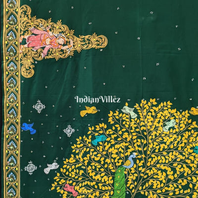 Bottle Green Radha Krishna Pattachitra Silk Saree