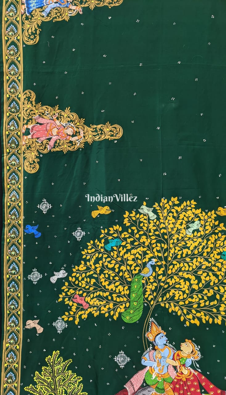 Bottle Green Radha Krishna Pattachitra Silk Saree