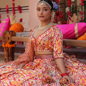 Creamy Crimson Blaze Printed Satin Lehenga Set
