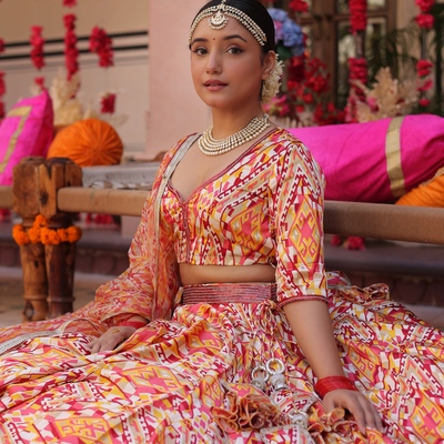 Creamy Crimson Blaze Printed Satin Lehenga Set