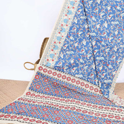 Blue floral machine-printed kalamkari cotton saree, contrast floral & geometric border & intricate pallu
