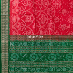 Reddish Orange Green Sambalpuri Bomkai Silk Saree