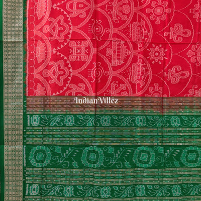 Reddish Orange Green Sambalpuri Bomkai Silk Saree