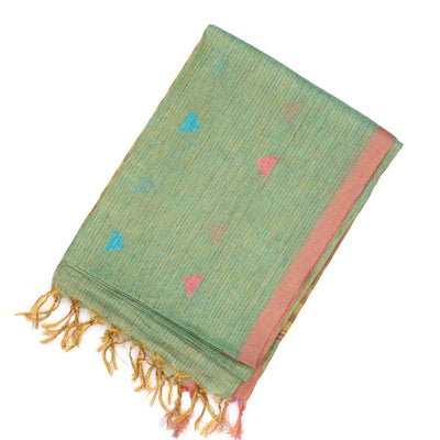 Aquamarine Handloom Linen Saree With Temple Buttas