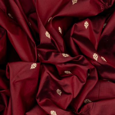 Maroon Handloom Banarasi Silk Saree With Floral Buttas & Red Border