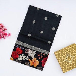 Black Handloom Tussar Silk Saree With Floral Buttas & Printed Border