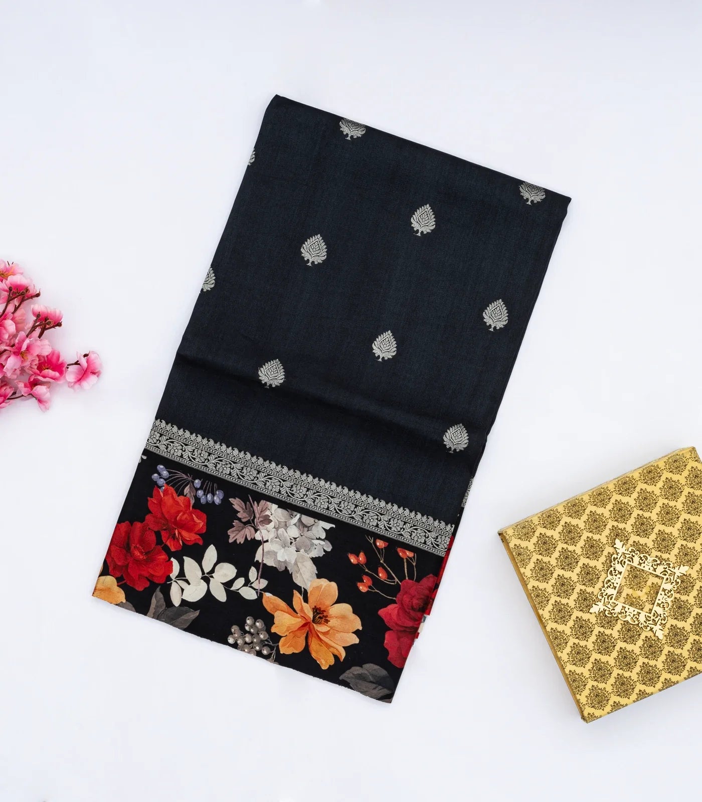 Black Handloom Tussar Silk Saree With Floral Buttas & Printed Border