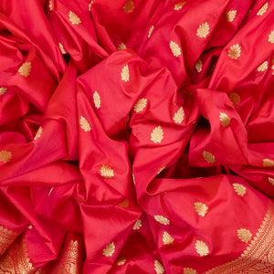 Red Banarasi Silk Saree With Floral Zari Buttas