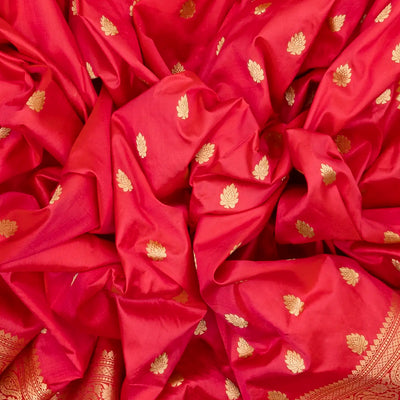 Red Banarasi Silk Saree With Floral Zari Buttas