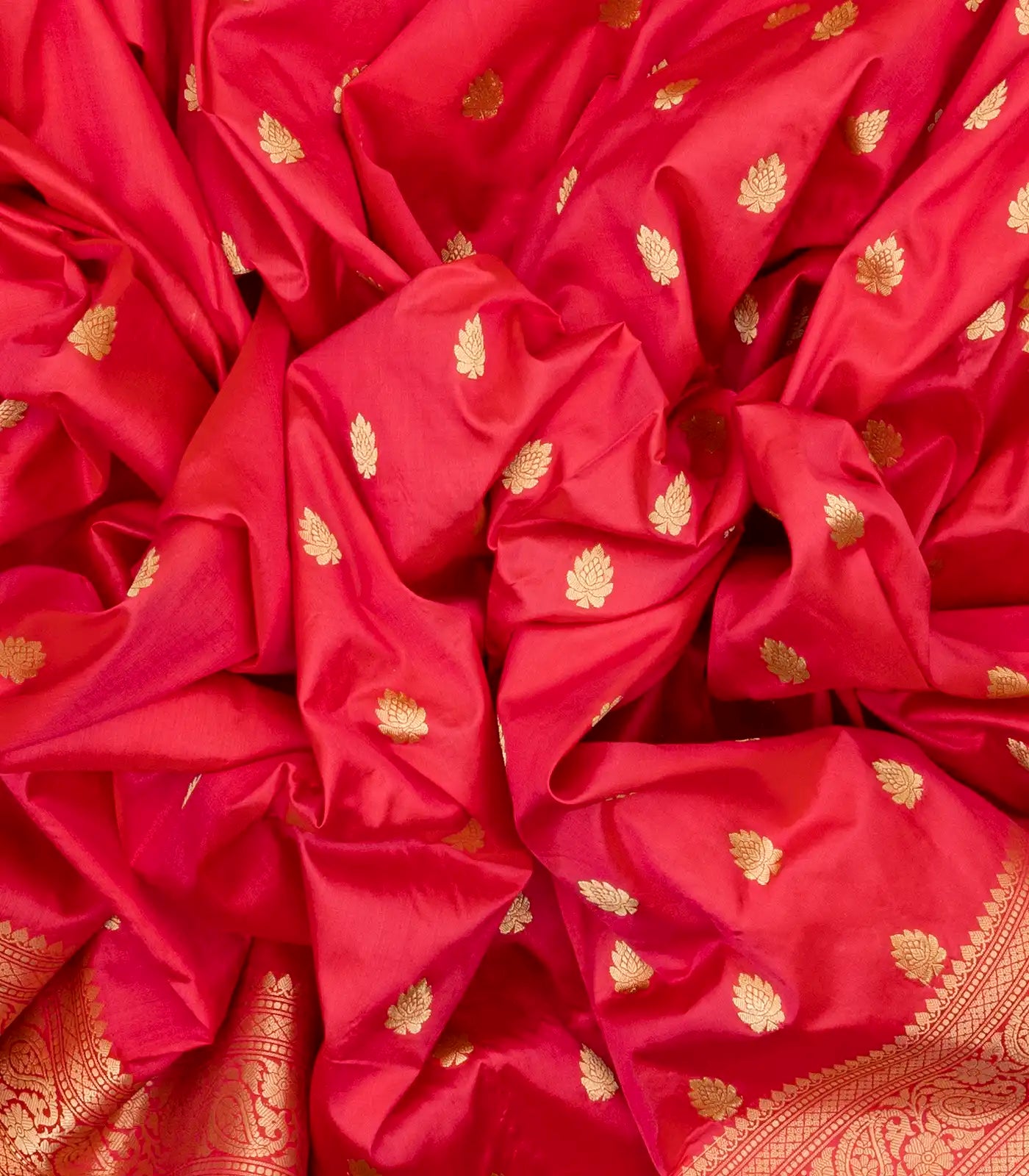 Red Banarasi Silk Saree With Floral Zari Buttas