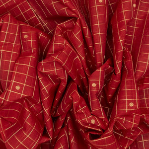 Red Handloom Kanchi Cotton Saree With Zari Checks