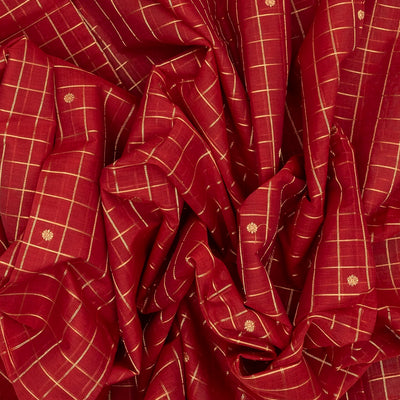 Red Handloom Kanchi Cotton Saree With Zari Checks