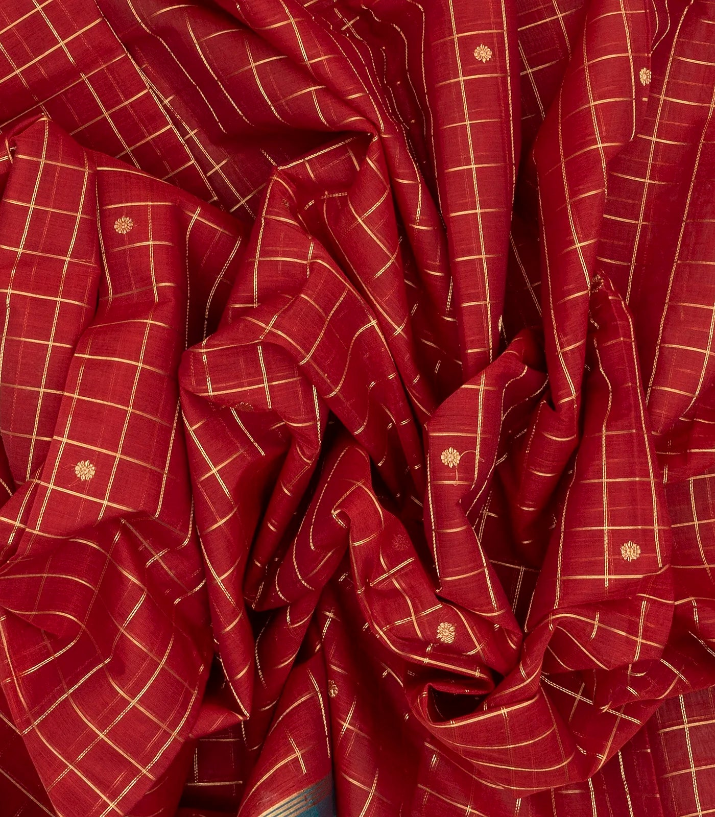 Red Handloom Kanchi Cotton Saree With Zari Checks