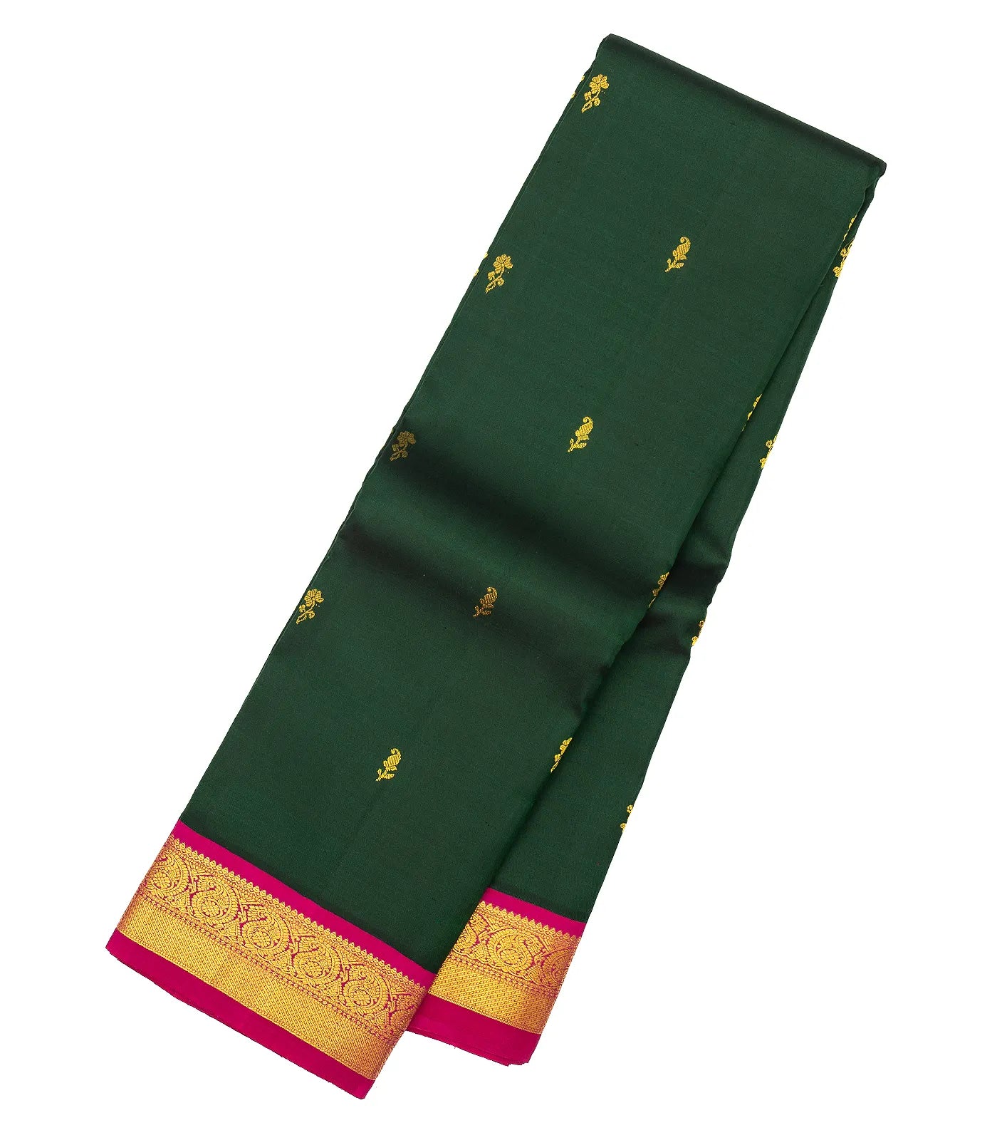 Bottle Green Handloom Kanchipuram Korvai Silk Saree With Mango Buttas