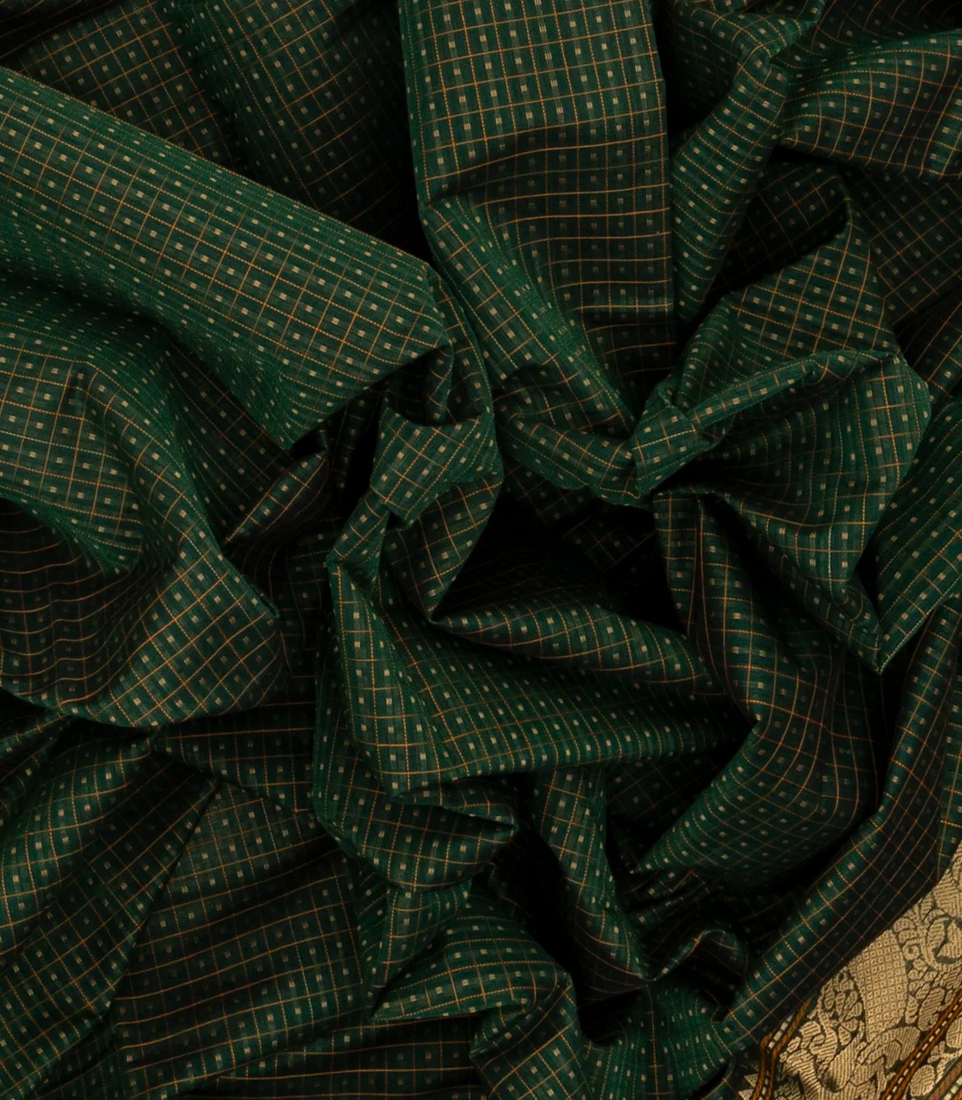 Dark Green Handloom Kanchi Cotton Saree With Checks