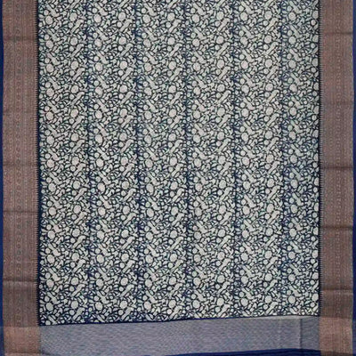 Indigo Woven Chanderi Cotton Saree Printed With Bird Motifs