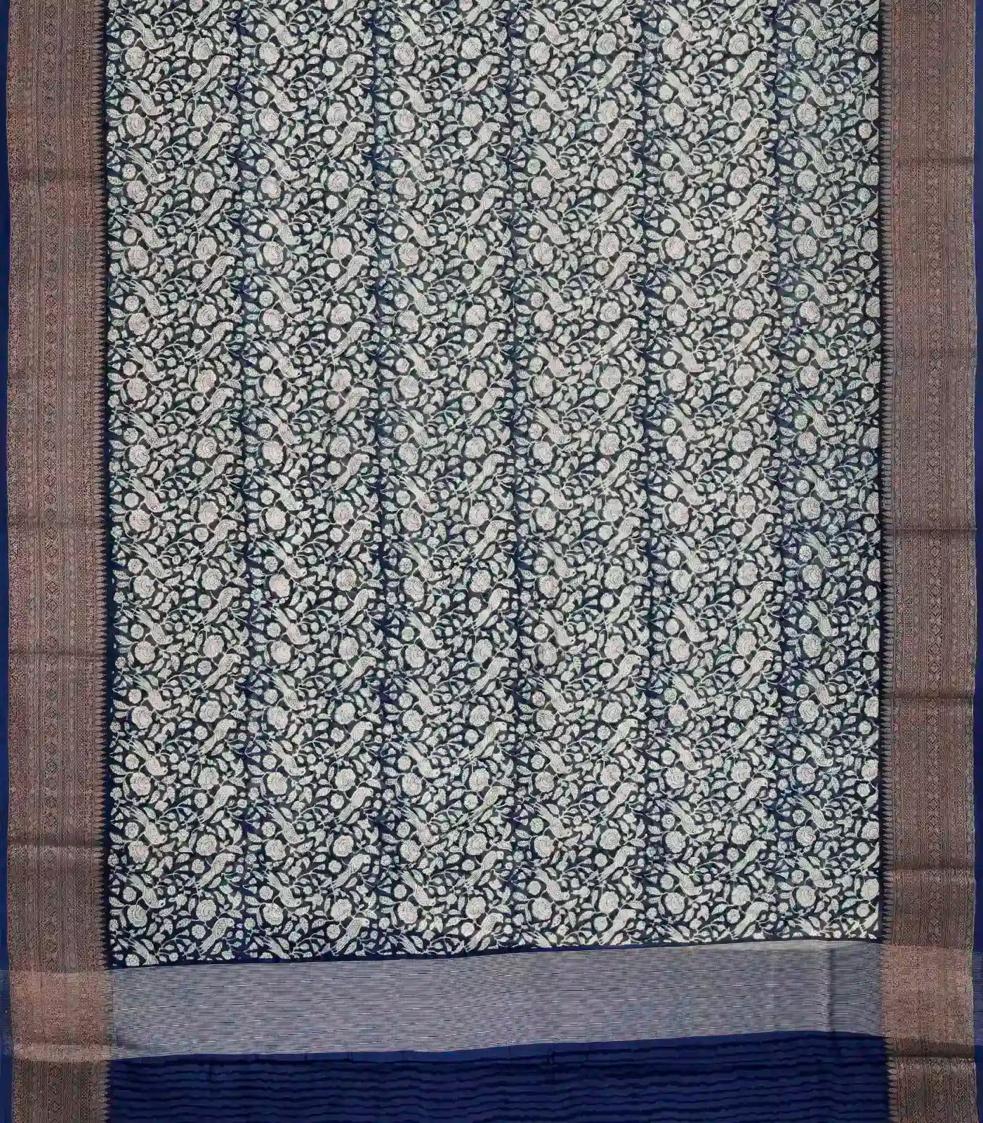 Indigo Woven Chanderi Cotton Saree Printed With Bird Motifs