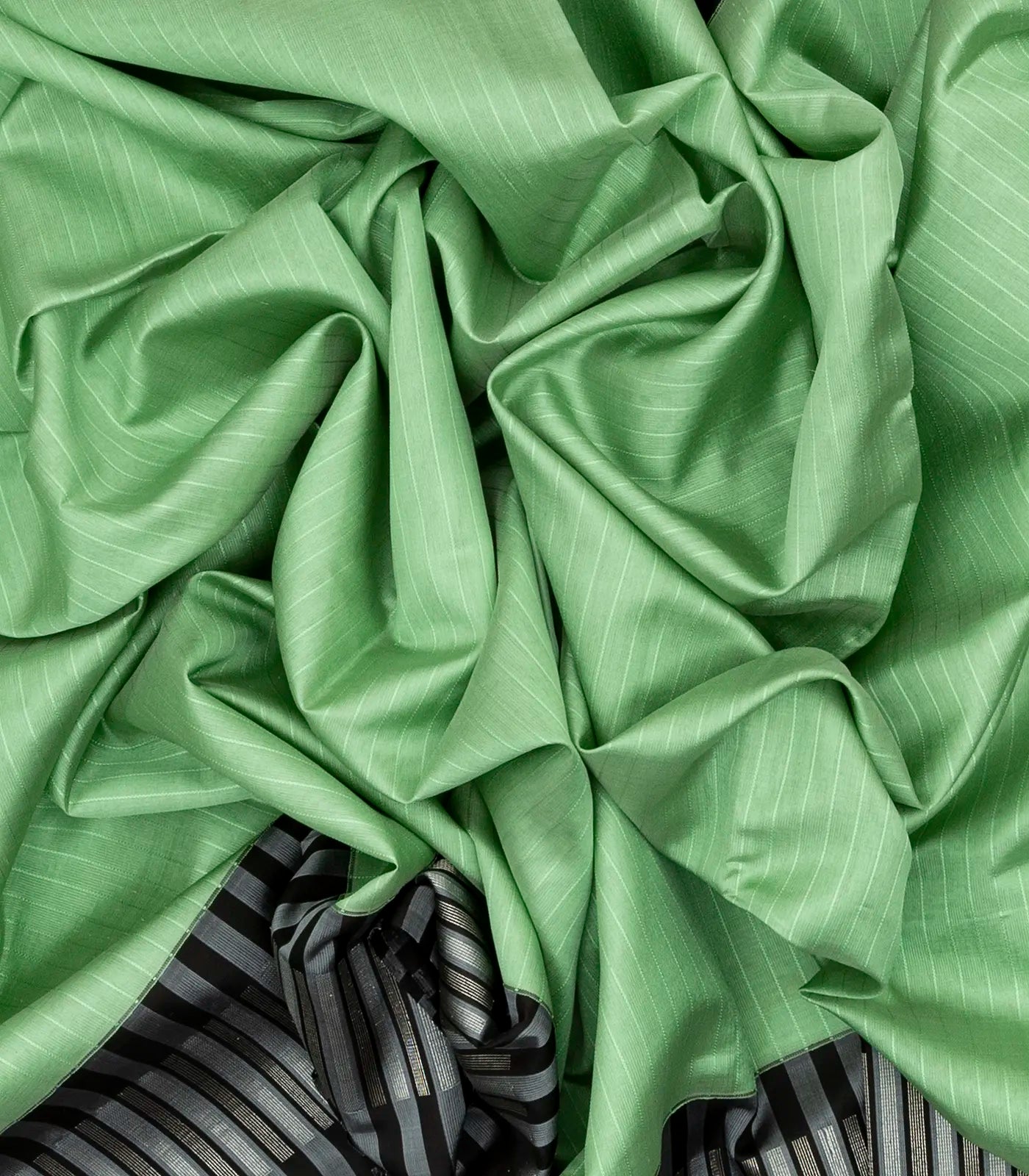 Pista Green Handloom Kora Silk Saree With Stripes & Black Border