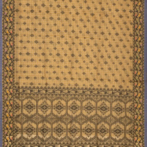 Beige Bengal Cotton Saree With Checks & Floral Motifs